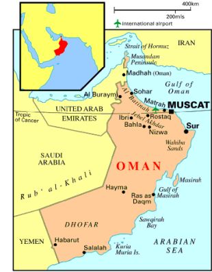 O mapa de Omán, na Península da Arabia